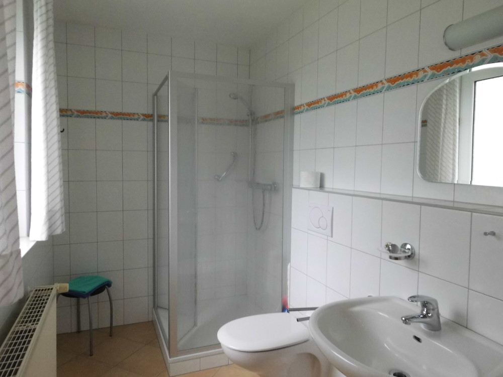Badezimmer mit Dusche im Ferienbungalow Hellinghuuske